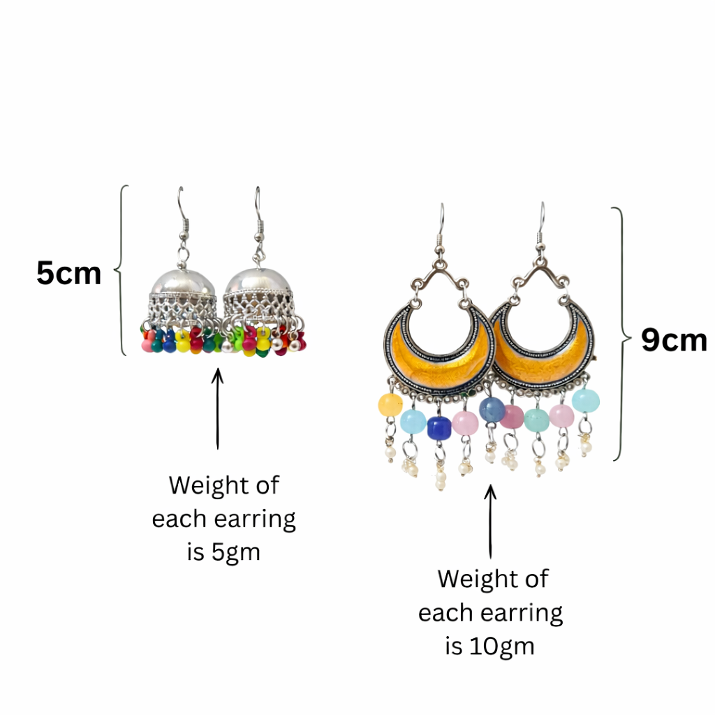 Dual Charm Oxidized Earrings – Jhumka & Crescent Multicolor (2 Variants)