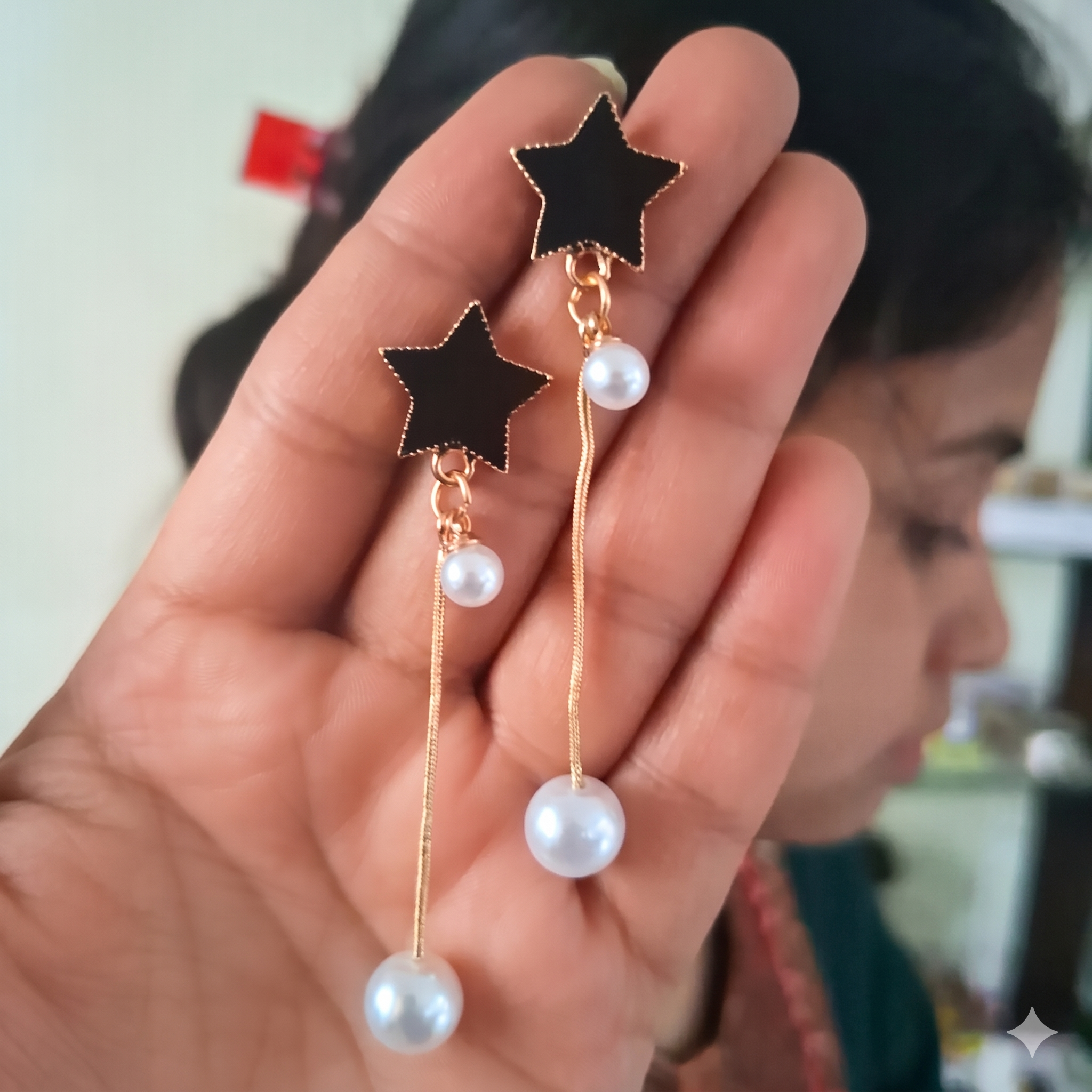 Black Star & Pearl Long Drop Earrings