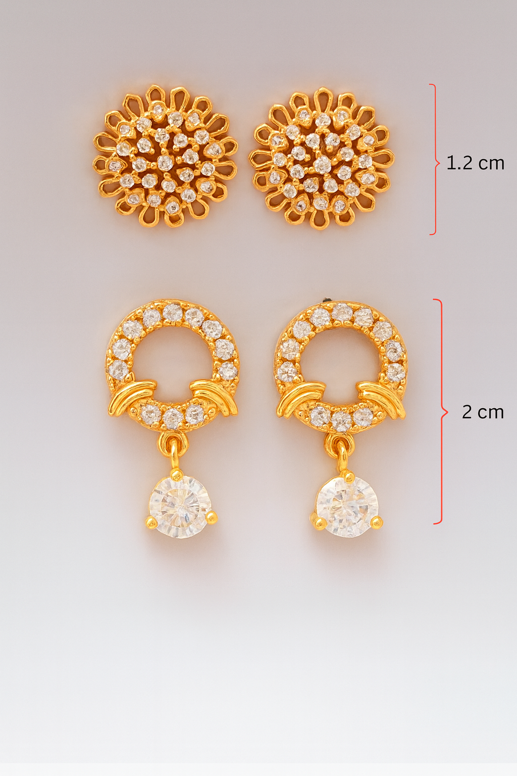 Dual Elegance Brass Stud & Drop Earrings Set with American Diamonds