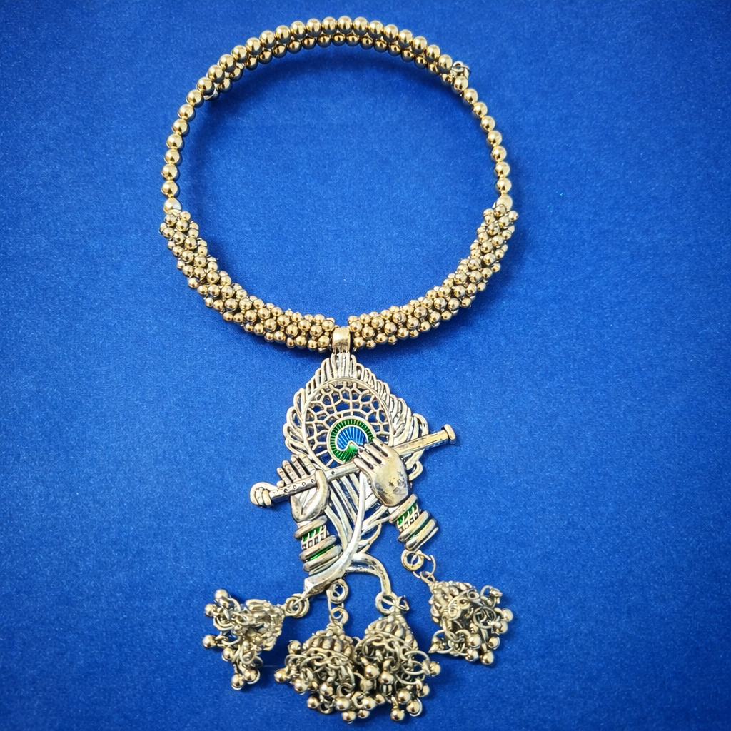 Oxidized Silver Krishna Flute Statement Choker Necklace