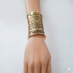 Vintage Floral Engraved Wide Cuff Bracelet – Antique Gold Finish
