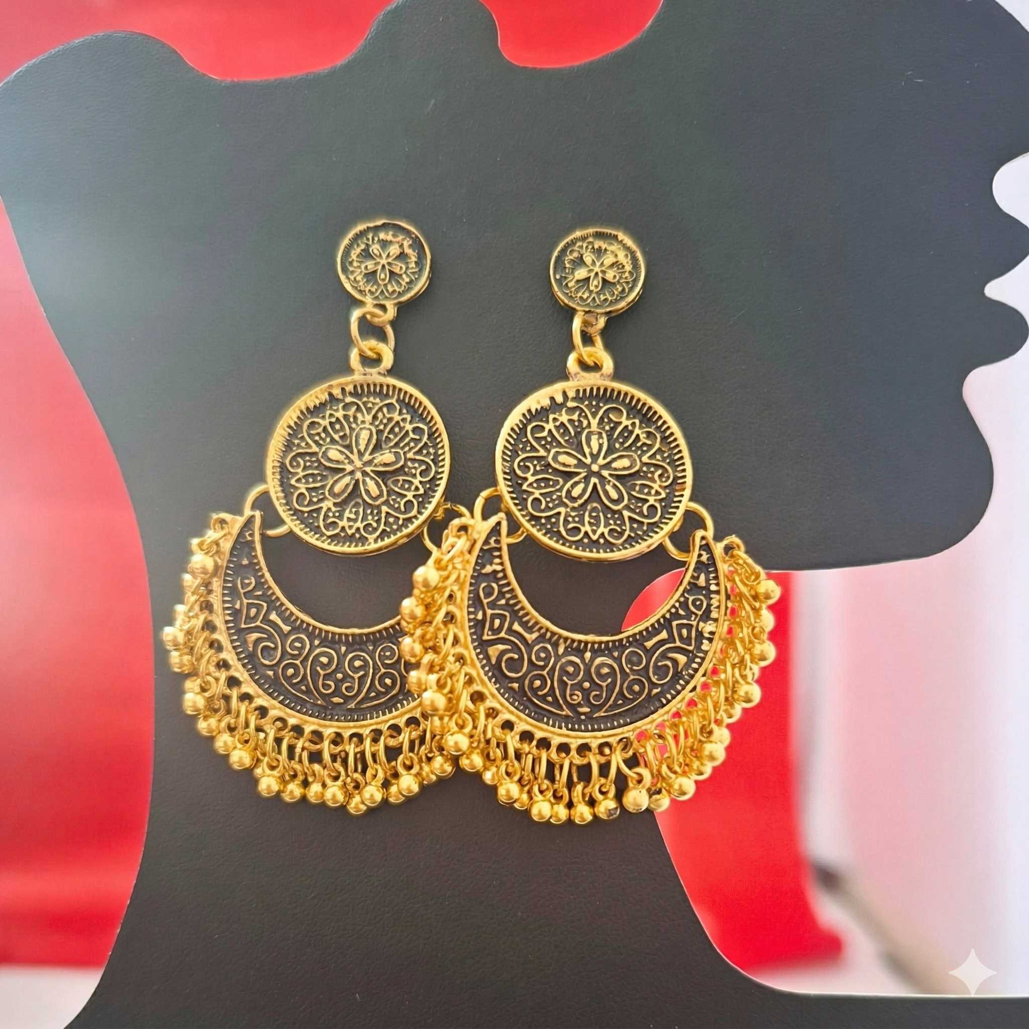 Oxidized Gold & Antique Chandbali Earrings Set - 2 Pairs