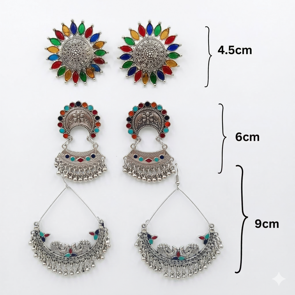 Oxidized Multicolor Statement Earrings Combo - Set of 3