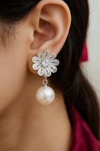 Pearl Elegance Earring Combo (Set of 3) – Gold Floral Stud, Silver Pearl Drop & Gold Wire Danglers