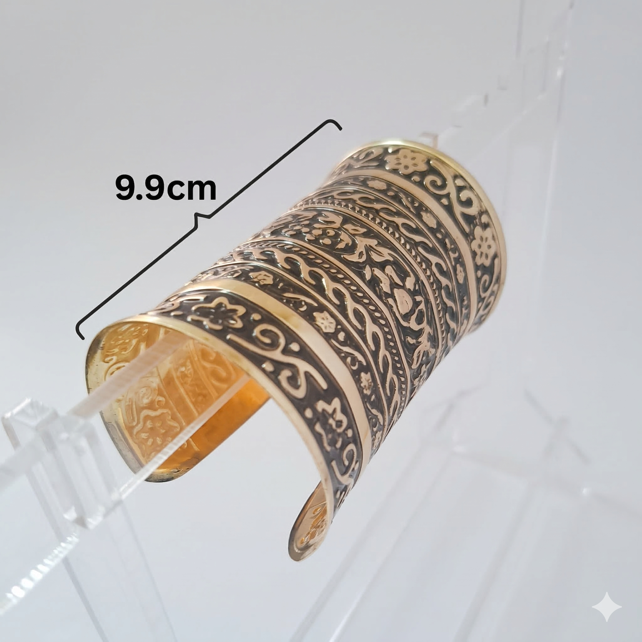 Vintage Floral Engraved Wide Cuff Bracelet – Antique Gold Finish