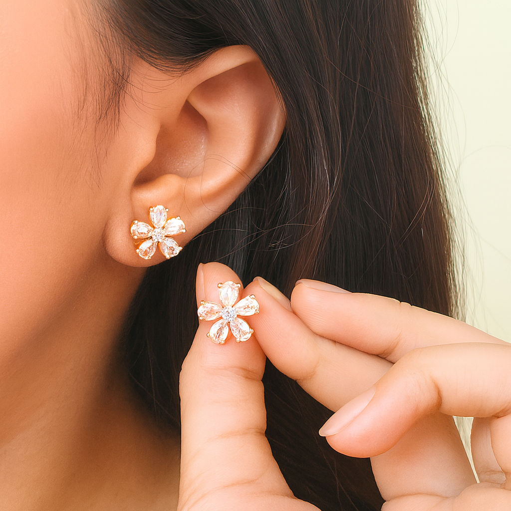 Elegant Glow Brass Hoop Drop & Floral Stud Earrings Combo with American Diamonds
