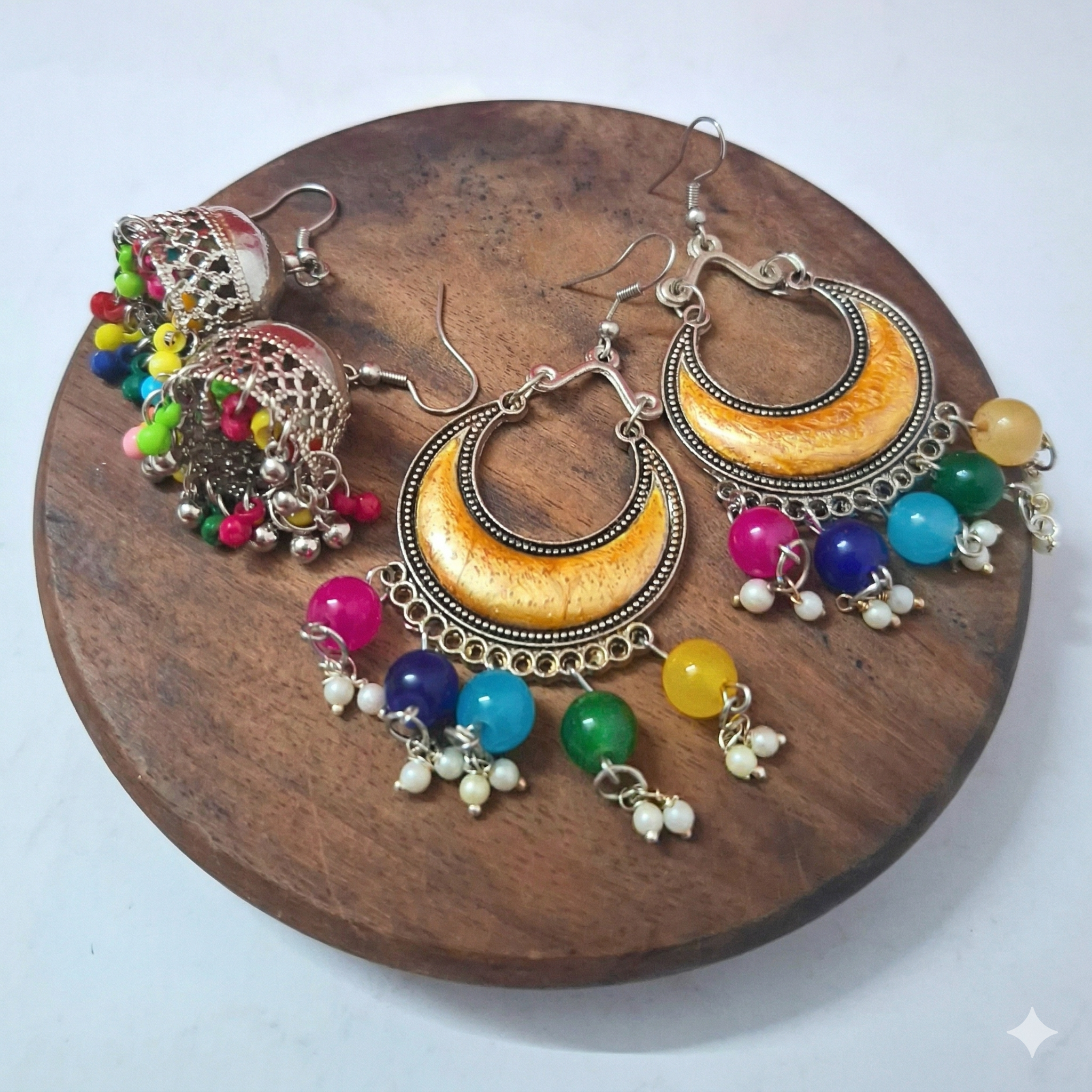 Dual Charm Oxidized Earrings – Jhumka & Crescent Multicolor (2 Variants)