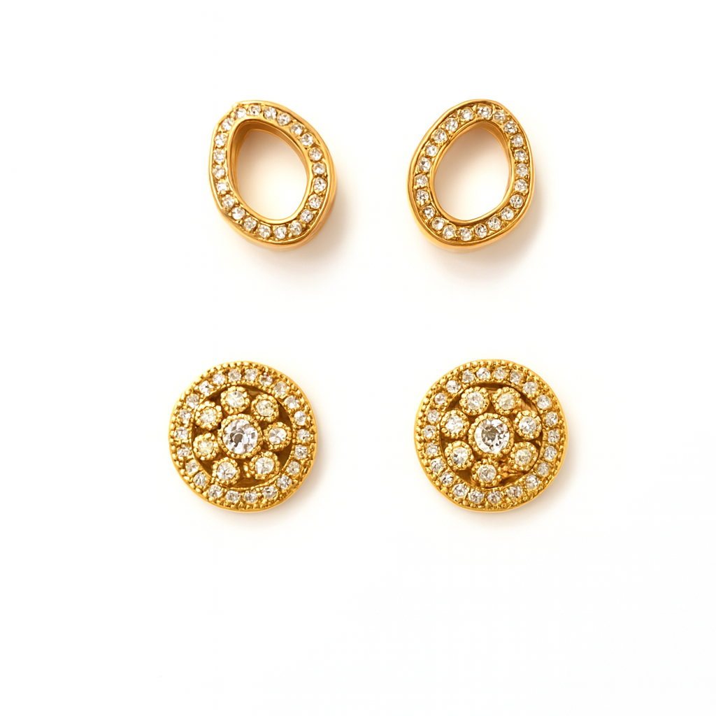 Timeless Sparkle Brass Oval & Round Stud Earrings Combo with American Diamonds
