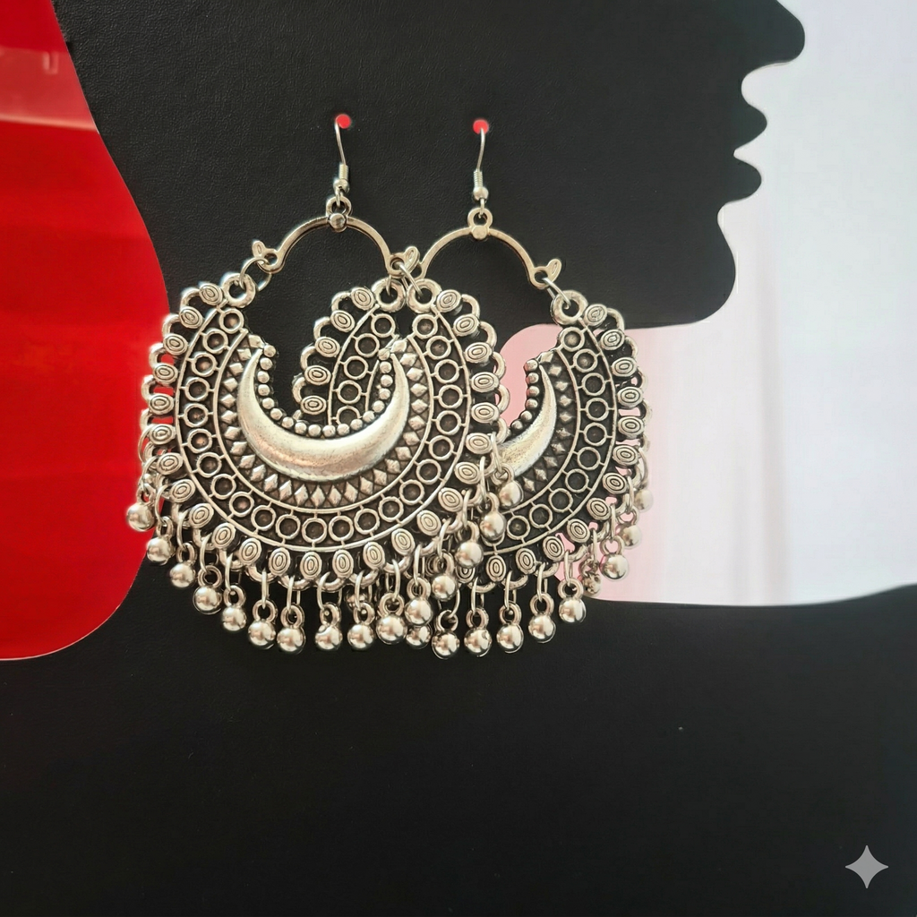 Oxidized Silver Dual Earrings Combo – Statement Chandbali & Floral Drop Set