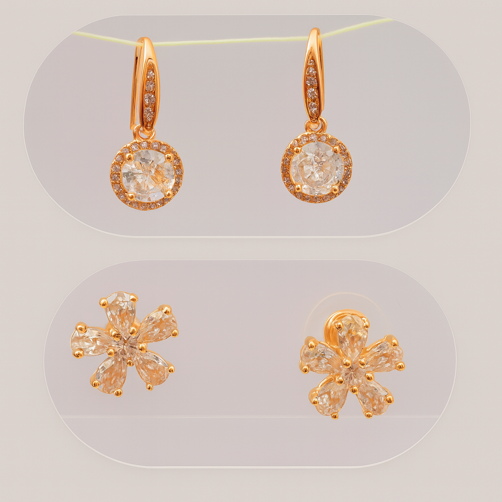 Elegant Glow Brass Hoop Drop & Floral Stud Earrings Combo with American Diamonds