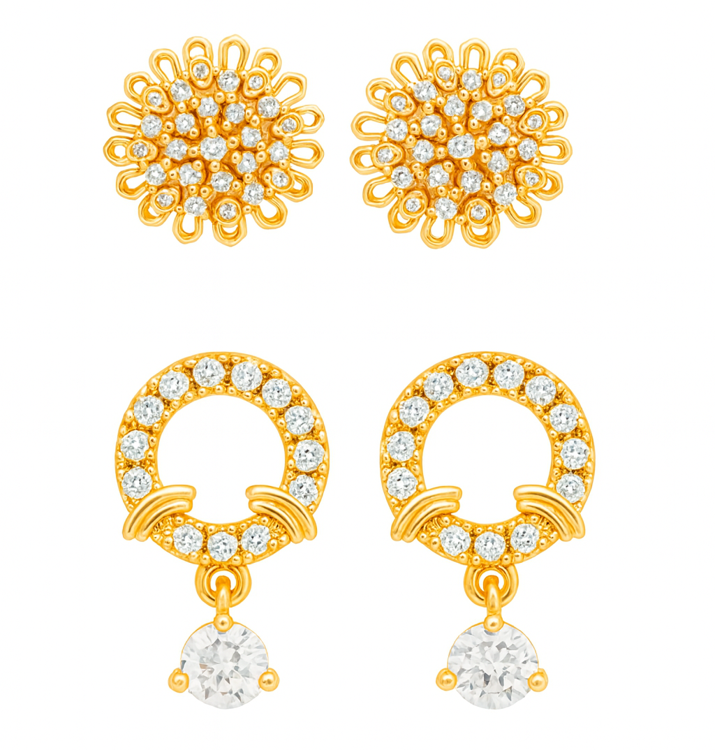 Dual Elegance Brass Stud & Drop Earrings Set with American Diamonds
