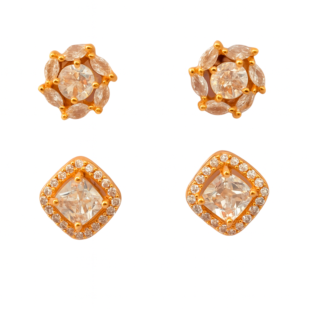 Radiant Sparkle Brass Stud Earrings Combo with American Diamonds (Set of 2)