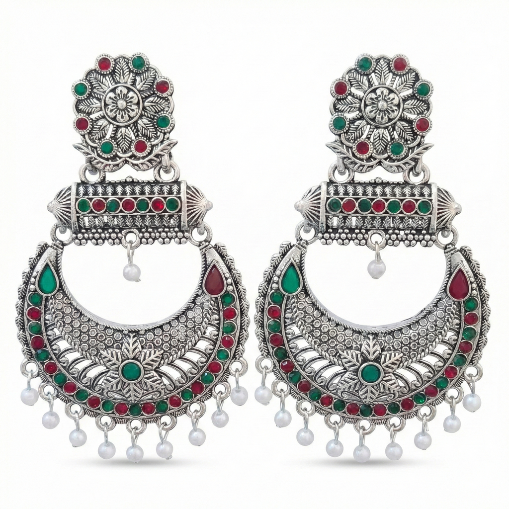 Ethnic Antique Silver Chandbali Earrings for Festive Wear