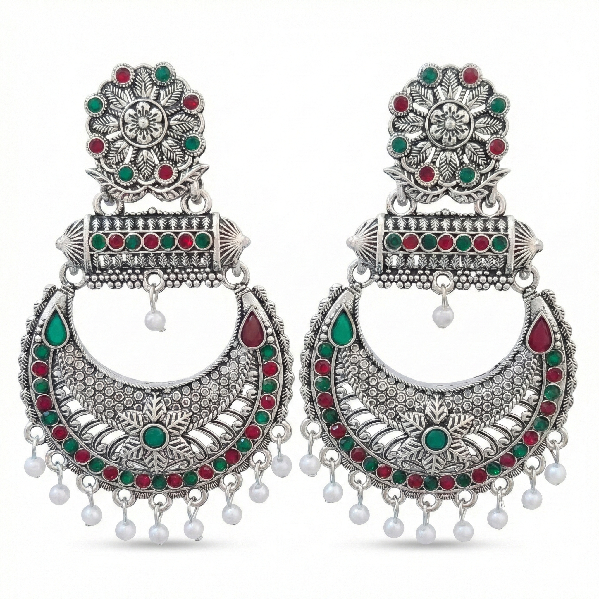 Ethnic Antique Silver Chandbali Earrings for Festive Wear