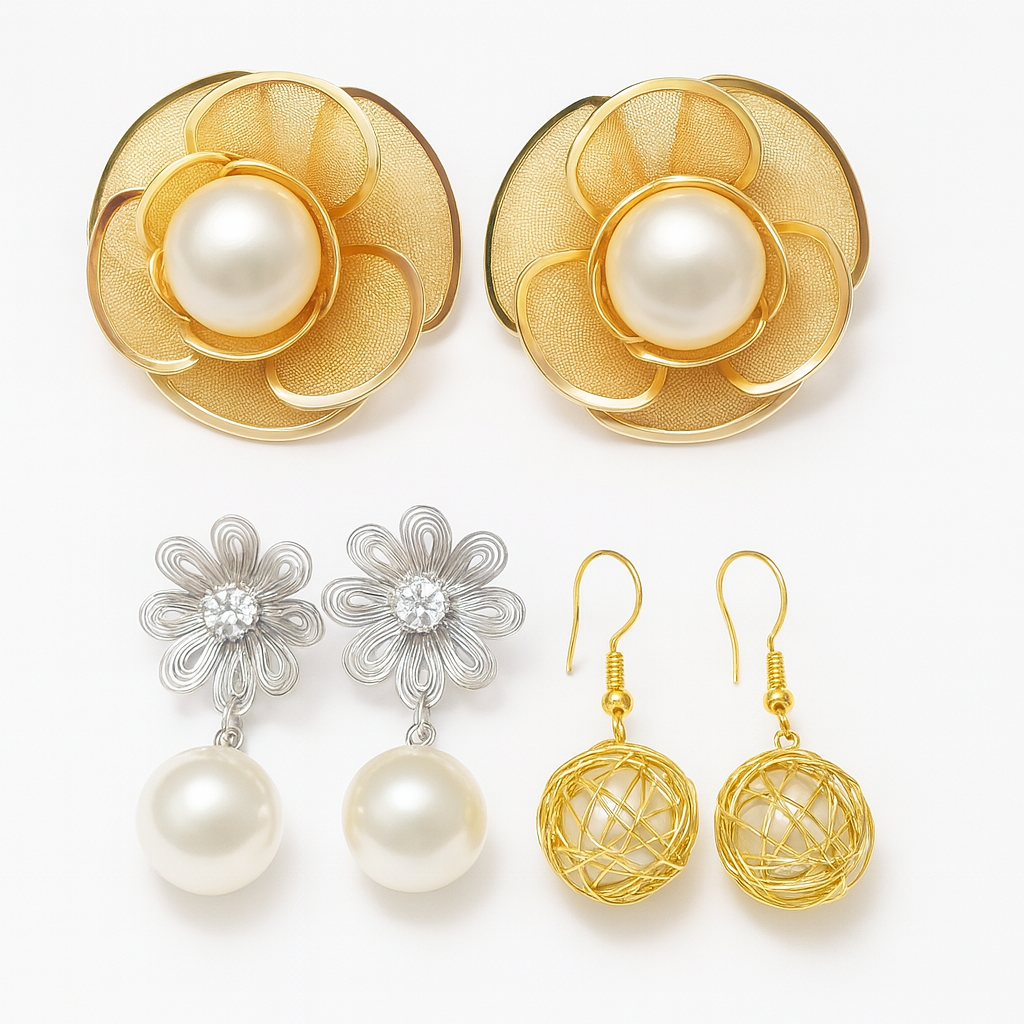 Pearl Elegance Earring Combo (Set of 3) – Gold Floral Stud, Silver Pearl Drop & Gold Wire Danglers