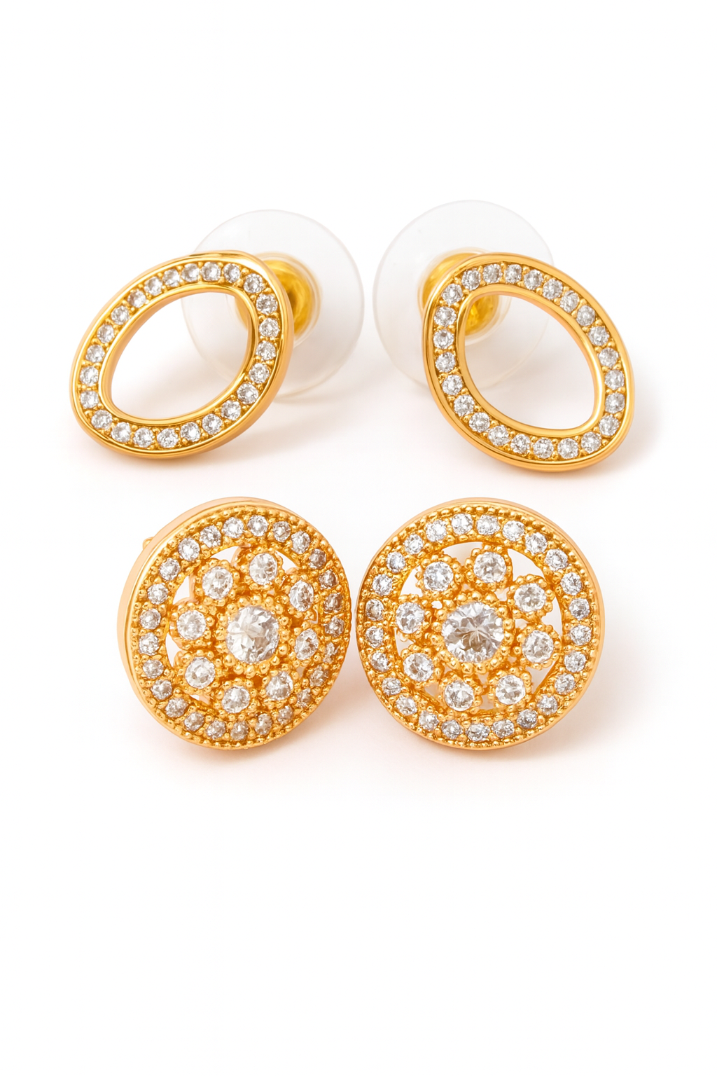Timeless Sparkle Brass Oval & Round Stud Earrings Combo with American Diamonds