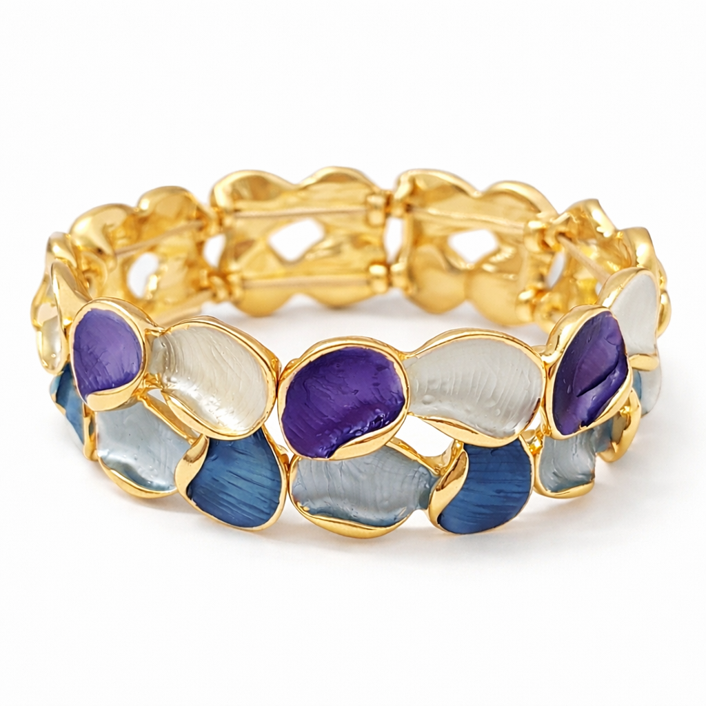 Gold-Tone Enamel Stretch Bracelet – Abstract Petal Design (3 Variants)