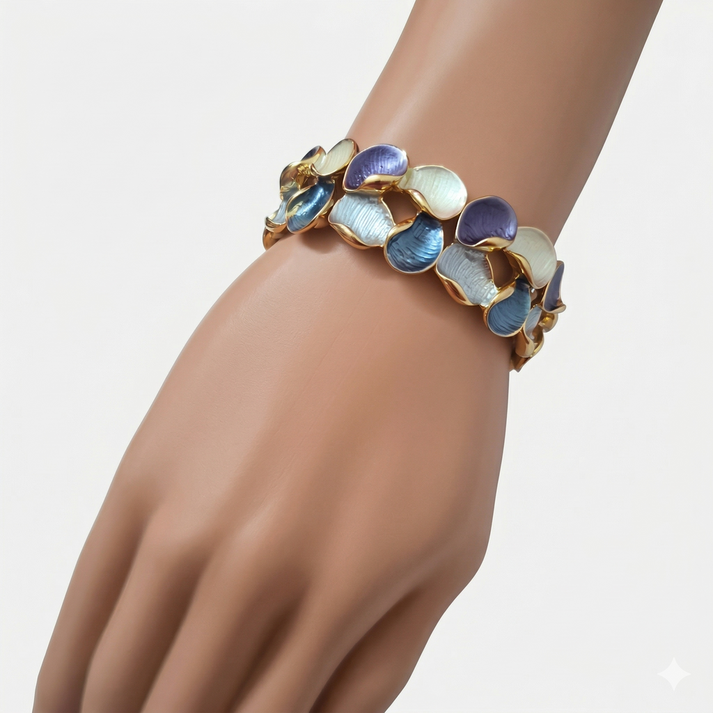 Gold-Tone Enamel Stretch Bracelet – Abstract Petal Design (3 Variants)