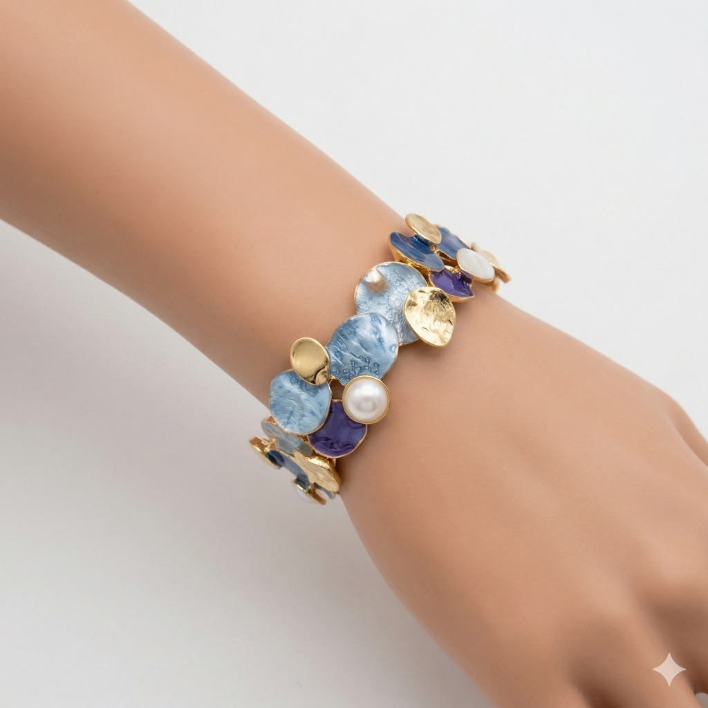 Gold-Tone Enamel Stretch Bracelet – Abstract Petal Design (3 Variants)