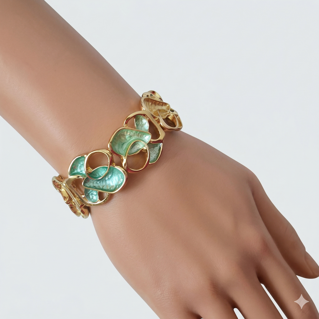 Gold-Tone Enamel Stretch Bracelet – Abstract Petal Design (3 Variants)