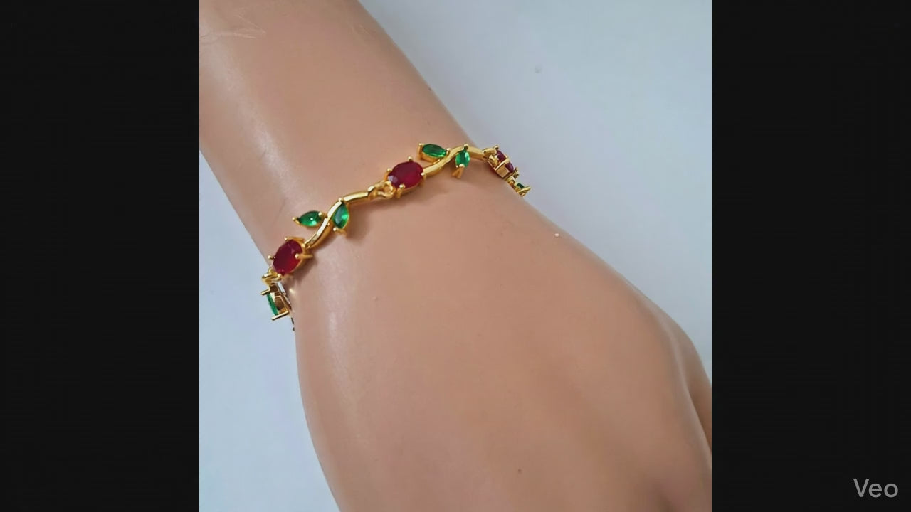Anti-Tarnish Gold-Plated Red & Green Tulip Stone Bracelet for Women